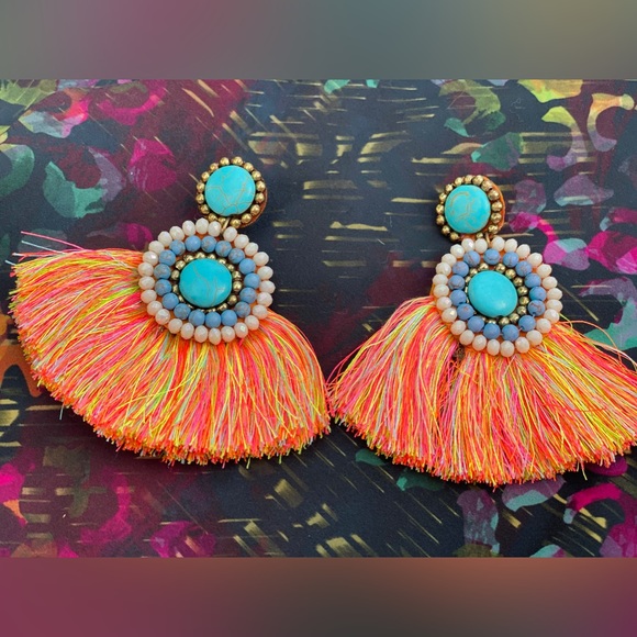 NEIMAN MARCUS Neon Orange & Turquoise Boho Hand Beaded Fringe Statement Earrings - Picture 13 of 15
